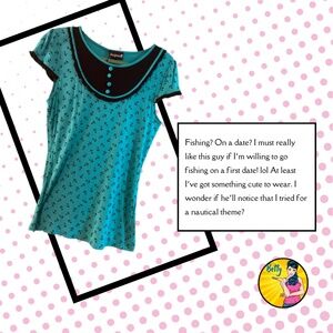 NWT Sourpuss Retro Turquoise & Black Anchor Print Jersey Top, XXL